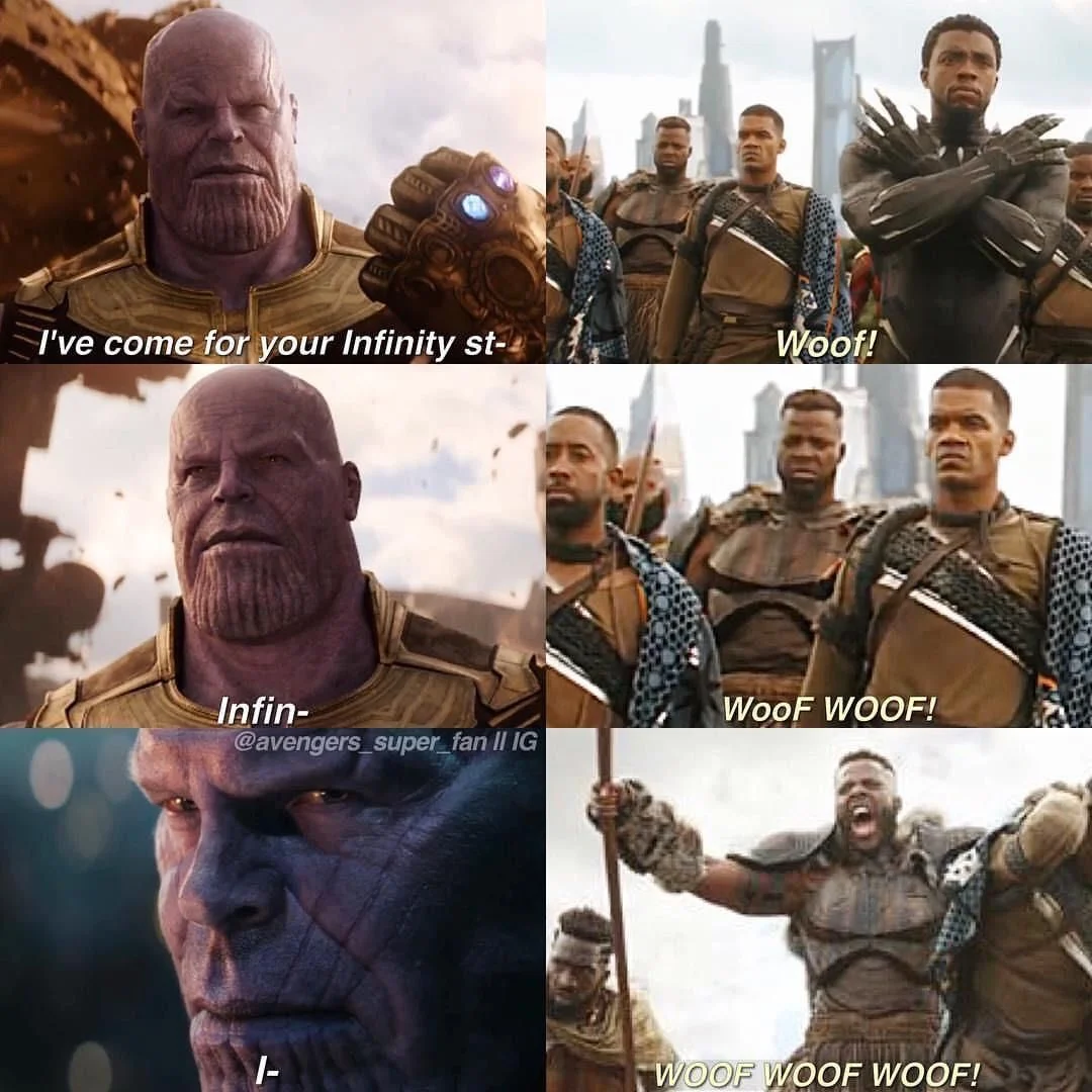 Infinity War Snap — Infinity War scene with overlaid humorous dialog captions as meme variation
