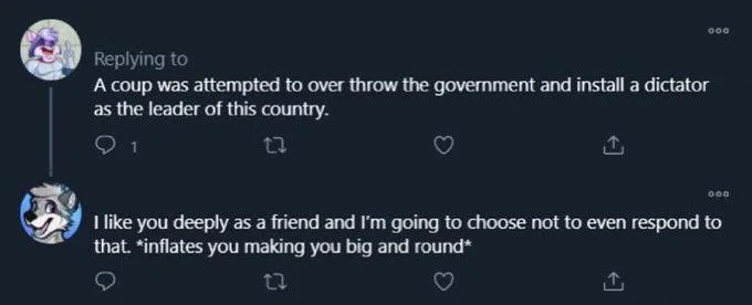 Dark Twitter screenshot showing original Diezel Raccoon reply '*inflates you making you big and round*' to Star the Raccoon's tweet.