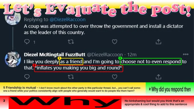 Inflates You Making You Big And Round — Video screenshot analyzing Diezel Raccoon tweet with color-coded text annotations and highlighted text boxes.