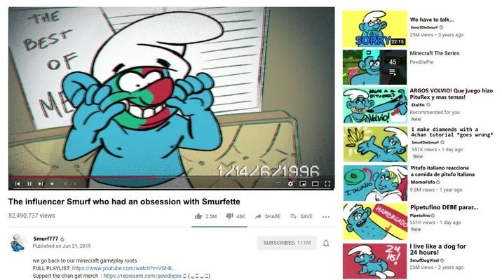 Screenshot of gallery displaying fan-drawn Influencer Smurf artwork with video recommendations and meme variations.