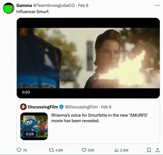 Influencer Smurf — Video clip from 2025 Smurfs movie trailer showing partially visible characters in outdoor natural lighting.
