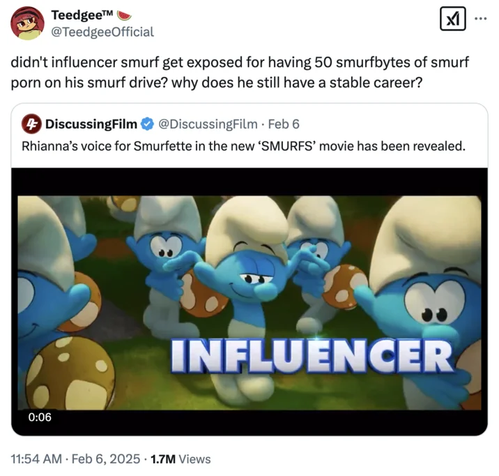 Influencer Smurf — Twitter/X post showing iconic Smurfs movie trailer scene with blue Smurfs and 'INFLUENCER' text overlay.