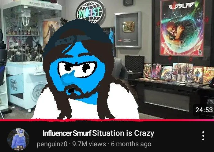 YouTube thumbnail showing blue Smurf face with filtered effects and title 'Influencer Smurf Situation is Crazy'.