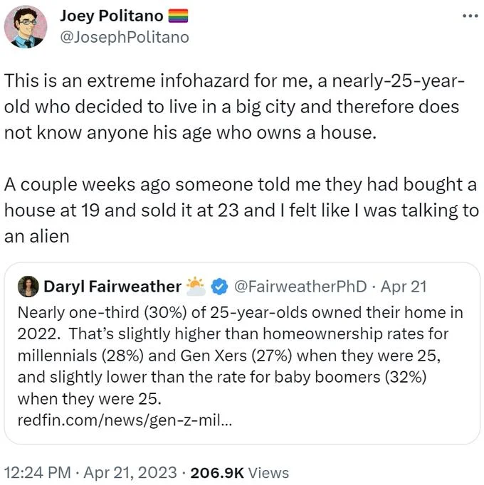 Tweet from Joey Politano calling homeownership statistics an extreme infohazard