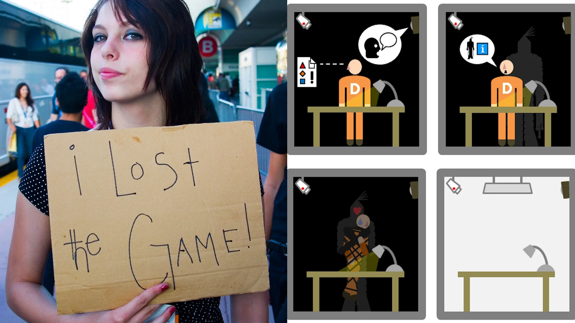 Composite cover image: girl holding 'I lost the game' sign next to four SCP infohazard warning illustration panels