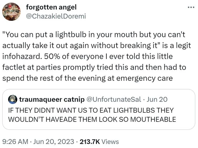Tweet about the lightbulb-in-mouth fact being a legit infohazard