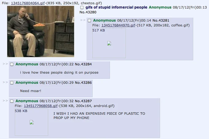 Infomercial Fails — 4chan forum thread from August 2012 with infomercial fail GIFs showing man struggling in recliner with food.
