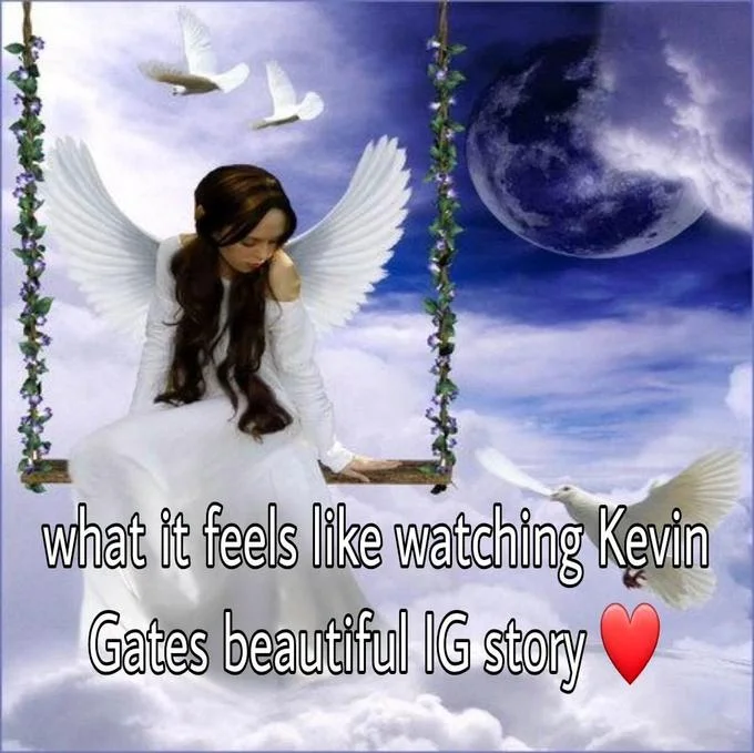 Instagram Story Trend — Ironic reaction meme of angel on swing in heavenly sky captioned about beautiful Instagram story.