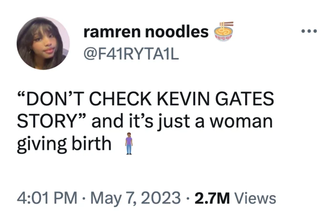 Instagram Story Trend — Twitter screenshot with joke post describing Kevin Gates' story content humorously.