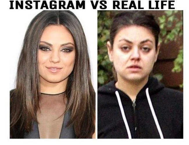 Instagram vs. Reality — Meme contrasting a glamorous fan-art version of Meg Griffin with her normal frumpy Family Guy appearance.