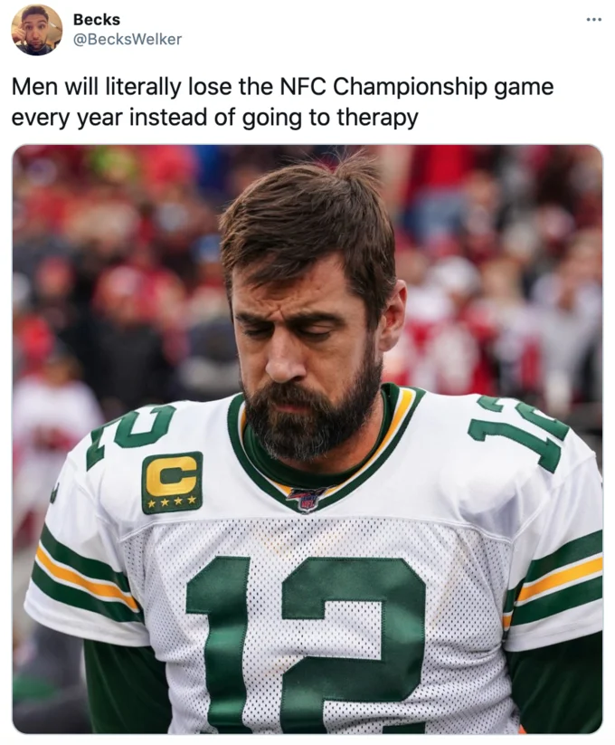 Tweet by @BecksWelker with photo of Aaron Rodgers losing NFC Championship instead of going to therapy.