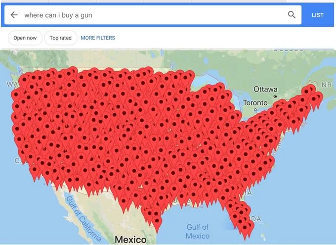 [Intensifies] — Google Maps of UK entirely covered in red pins for 'Where can I have tea?' search