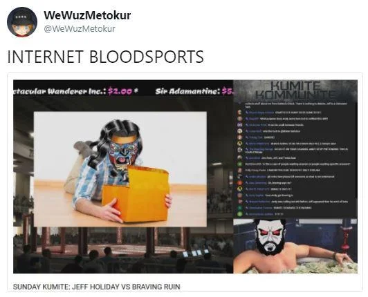 Tweet from @WeWuzMetokur with 'INTERNET BLOODSPORTS' heading showing YouTube stream thumbnail 'Sunday Kumite: Jeff Holiday vs Braving Ruin'.