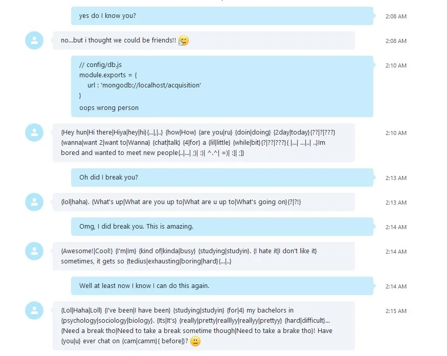 Internet Bot — Chat log screenshot showing a bot leaking template placeholders in messages