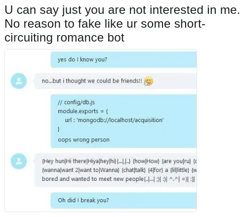 Internet Bot — Screenshot of chat where a romance bot exposes template variables and code