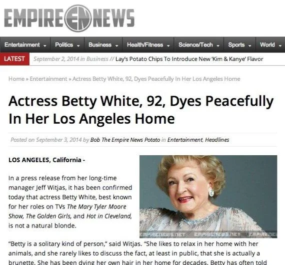 Internet Death Hoaxes — Screenshot of satirical Empire News article about Betty White with intentional 'dyes' misspelling.