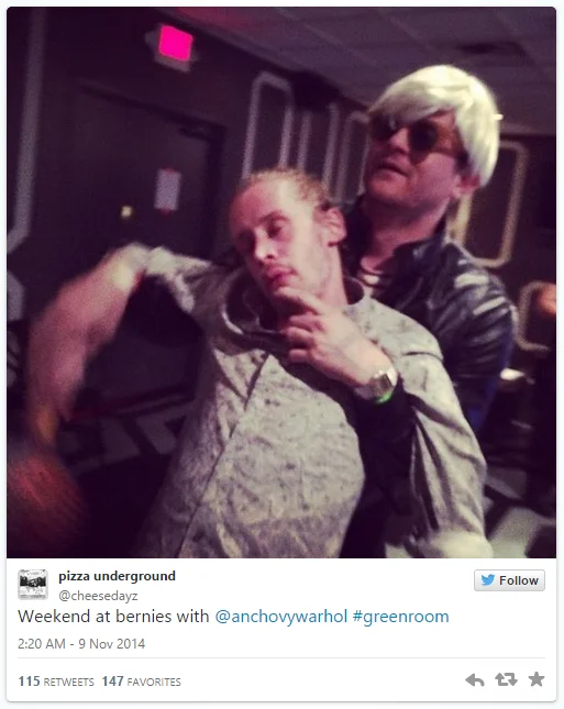 Internet Death Hoaxes — Tweet showing Macaulay Culkin in wig and sunglasses backstage demonstrating he was alive.