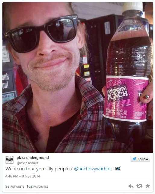 Internet Death Hoaxes — Tweet by @pizza_underground showing Macaulay Culkin selfie with Delaware Punch refuting hoax rumors.