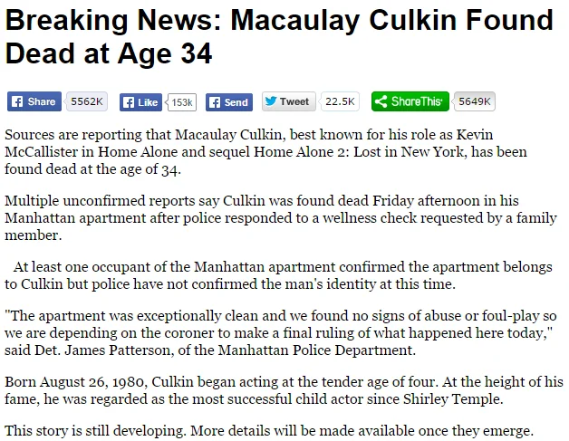 Internet Death Hoaxes — Fabricated news article with fake headline 'Breaking News: Macaulay Culkin Found Dead at Age 34'.