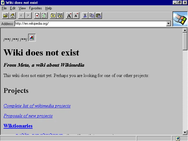 Old Internet Explorer window showing a 'Wiki does not exist' Wikimedia page