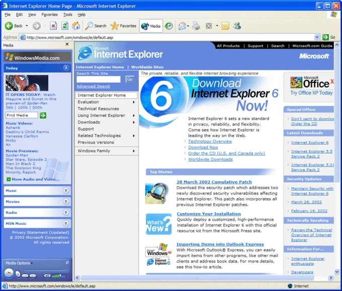 Screenshot of Microsoft's Internet Explorer 6 promotional home page from 2002