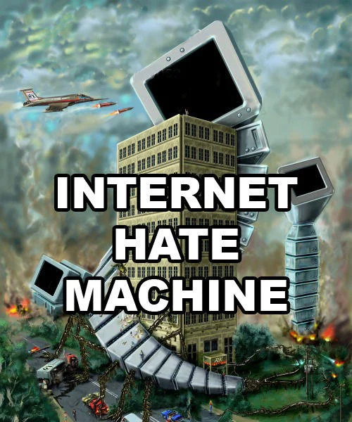 Internet Hate Machine — Dramatic digital illustration showing building with CRT monitors as weapons attacking city with fighter jets.