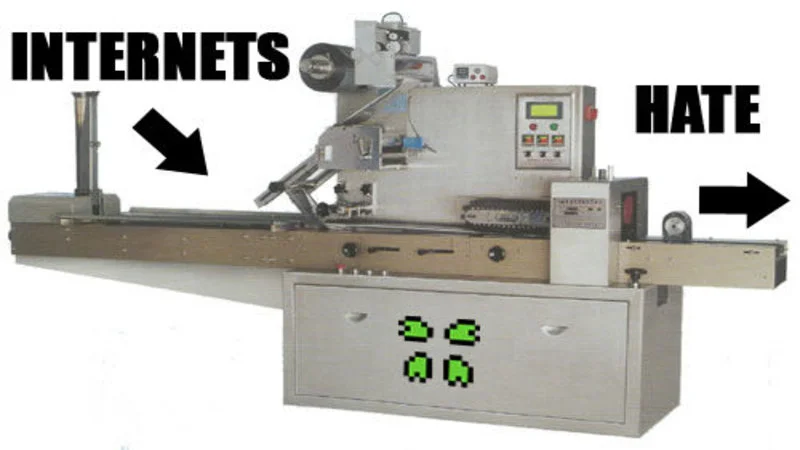 Internet Hate Machine — Industrial conveyor machine annotated with 'INTERNETS' input and 'HATE' output with pixel-art control panel.