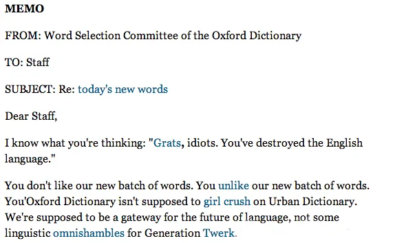 Mock memo from Oxford Dictionary Word Selection Committee addressing internet slang dictionary entries.
