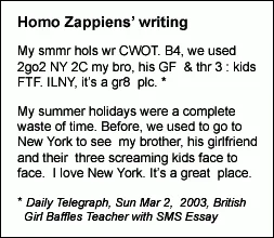 Internet Slang — Text image titled 'Homo Zappiens' writing showing school essay in SMS speak with plain-English translation.