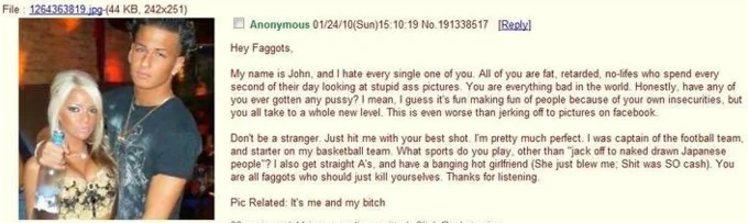 Internet Tough Guy — 4chan anonymous post with photo of man boasting and making threats with hostile language.