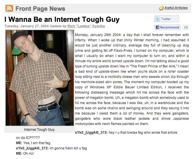 January 2004 web article titled 'I Wanna Be an Internet Tough Guy' with photo and threatening comments.