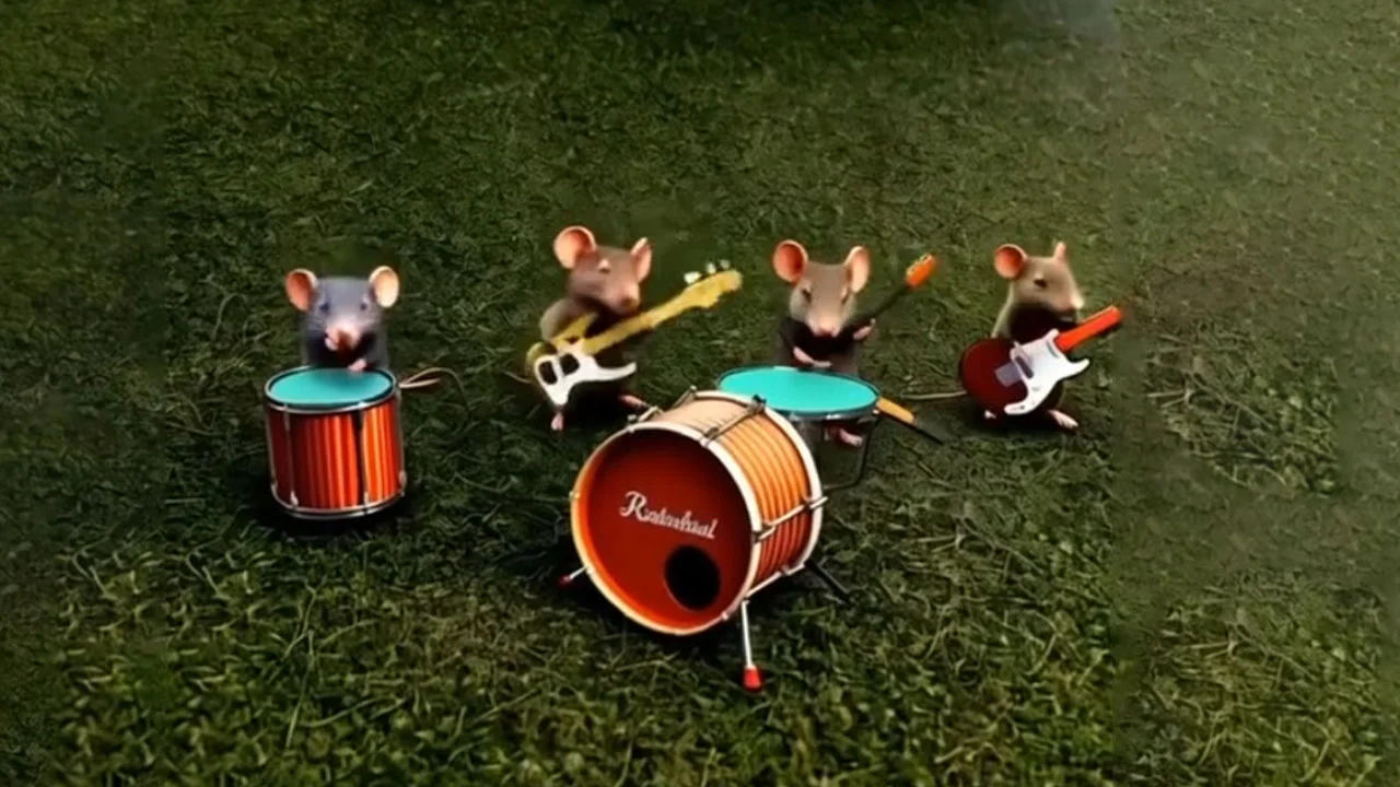 Interrupted By A Band Of Talented Mice — Four 3D animated mice playing instruments as a band on grass, with drums and electric guitars