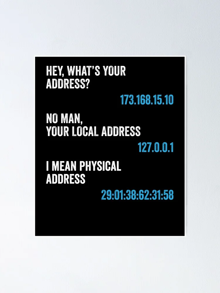IP Address Reveal — Text meme: conversation about IP vs local vs physical address with IP numbers