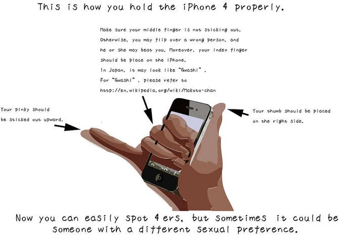 iPhone 4 Death Grip — Satirical instructional diagram for holding iPhone 4 properly with pinky out