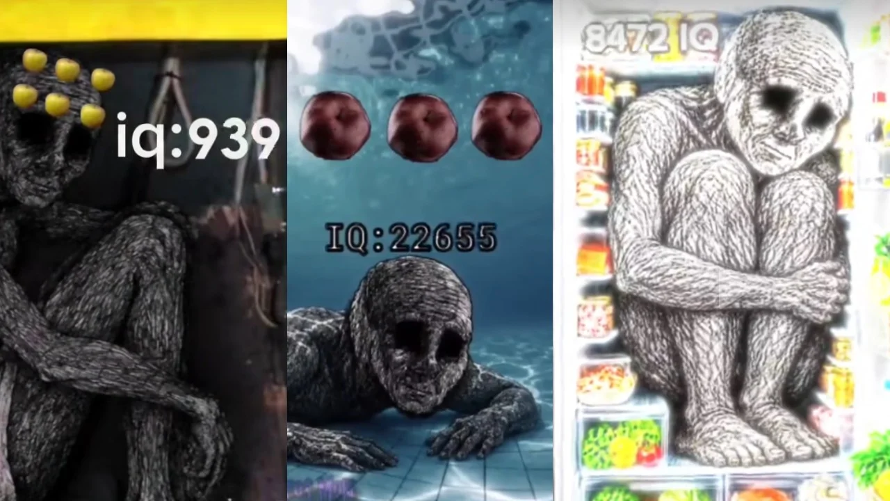 IQmaxx Wojak Edits — Three-panel collage of hatched-sketch wojak figures with black hollow eyes shown with inflated IQ scores and apple symbols