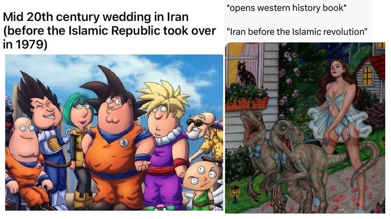 Iran Before The Islamic Revolution — Dragon Ball Z composite with martial arts characters labeled as mid-20th century Iranian wedding with Western history book