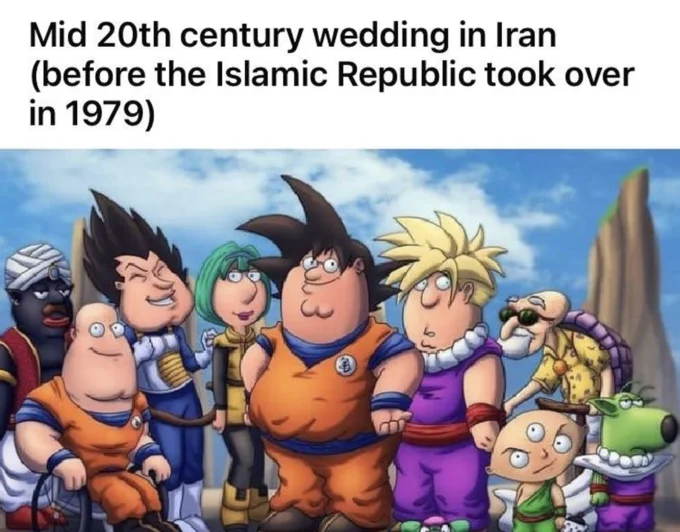 Iran Before The Islamic Revolution — Dragon Ball Z animated characters in martial arts uniforms captioned as mid-20th century Iranian wedding attendees.