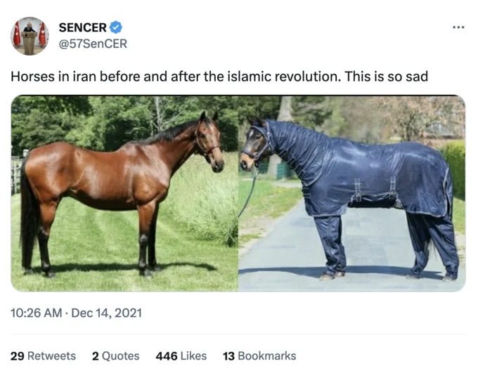 Iran Before The Islamic Revolution — Twitter post comparing healthy horse 'before' to sickly bundled horse 'after the islamic revolution'.