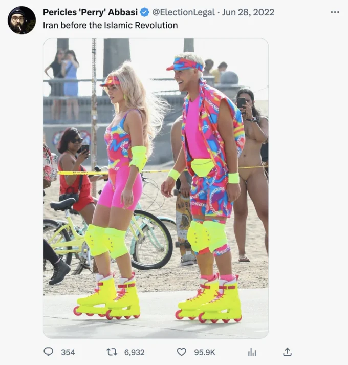 Iran Before The Islamic Revolution — Woman in neon and hot pink 1990s rollerblade and athletic wear on beach captioned as pre-revolution fashion.
