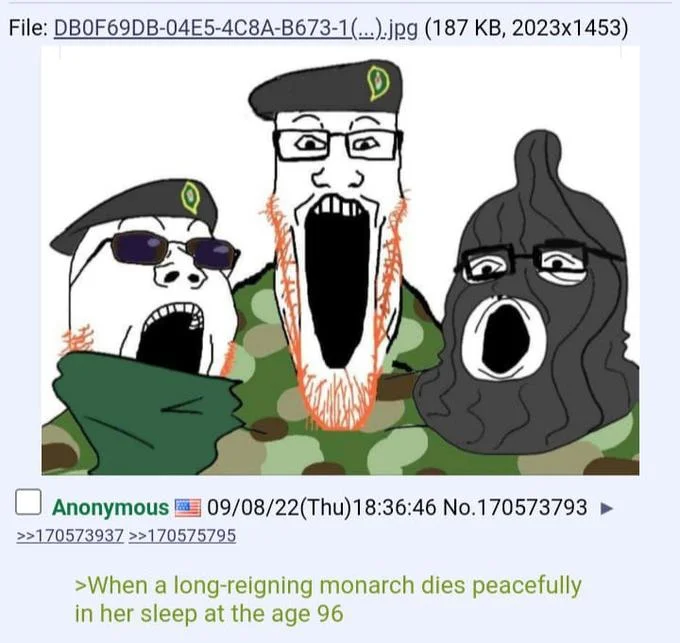 Irelands Reaction To The Queen Of Englands Death — 4chan post with three camo Wojak soyjaks yelling, captioned about a monarch dying peacefully in her sleep at