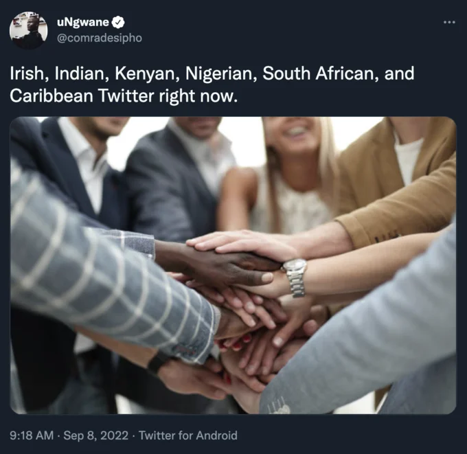 Irelands Reaction To The Queen Of Englands Death — Tweet showing diverse hands stacked together with caption listing formerly colonized nations uniting over