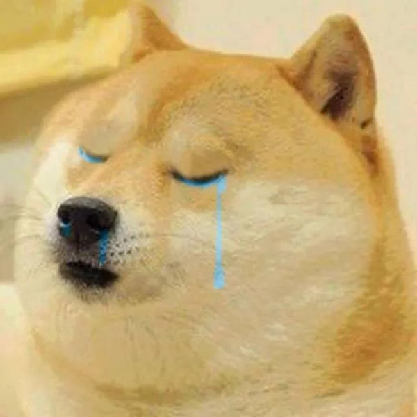 Ironic Doge Memes — Crying Doge with blue anime tears edited over the classic Shiba Inu photo