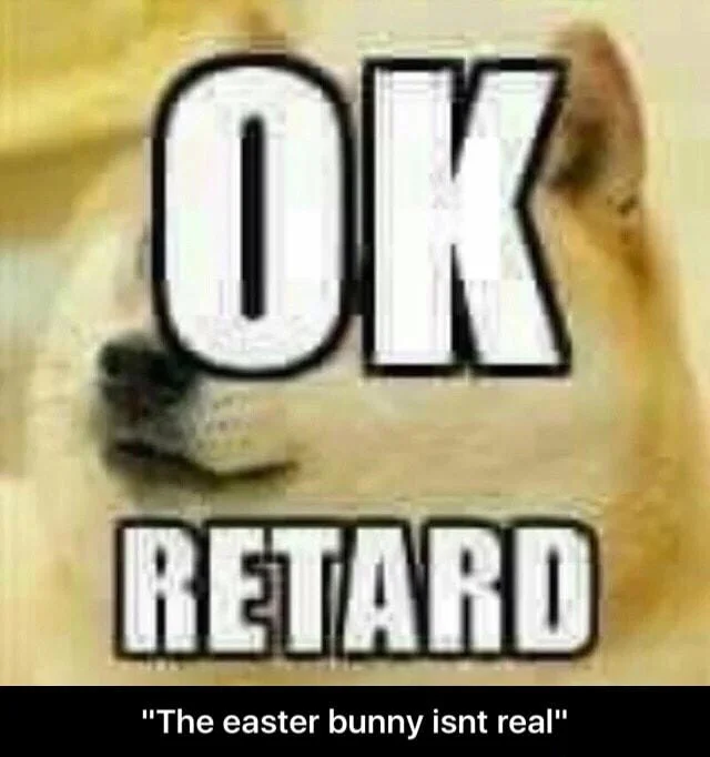 Ironic Doge Memes — Close-up Doge meme with 'OK RETARD' text and caption about the Easter Bunny not being real