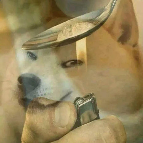 Ironic Doge Memes — Distorted Doge meme depicting the dog being stabbed with a knife by a hand