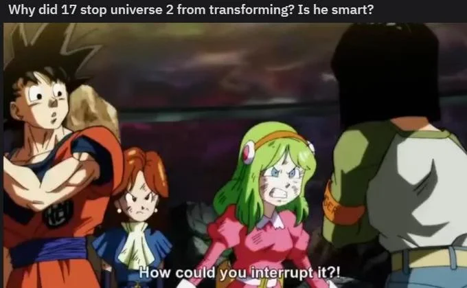 Is He Stupid Is She Smart Are They Stupid — Dragon Ball Super scene with Goku and Android 17 captioned 'Why did 17 stop universe 2 from transforming? Is he