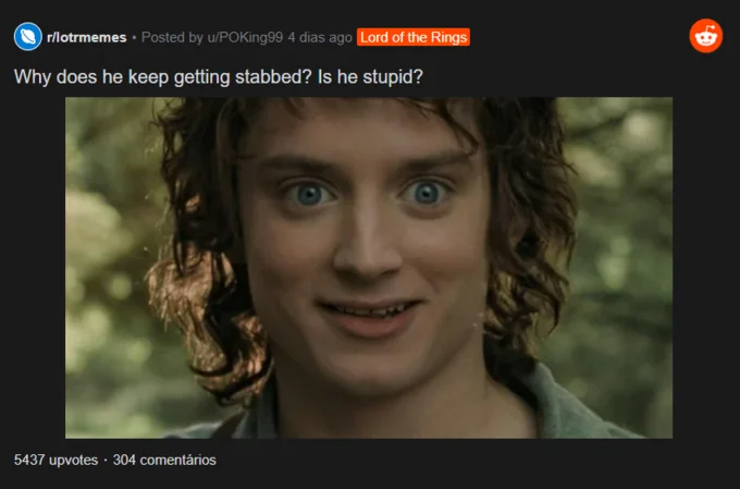 Is He Stupid Is She Smart Are They Stupid — Startled Frodo from Lord of the Rings under the caption 'Why does he keep getting stabbed? Is he stupid?'