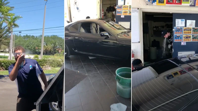 Is That A Supra — Three-panel collage from viral video showing excited employee on phone, dark Toyota Supra being washed, and employee reacting inside carwash