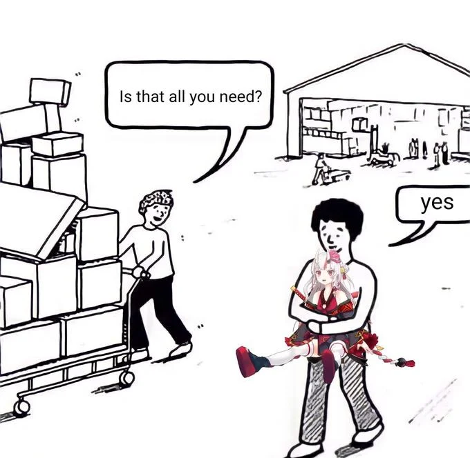 Is That All You Need? — Edited cartoon where the cart boxes are labeled with life essentials and the held box is labeled 'gm'
