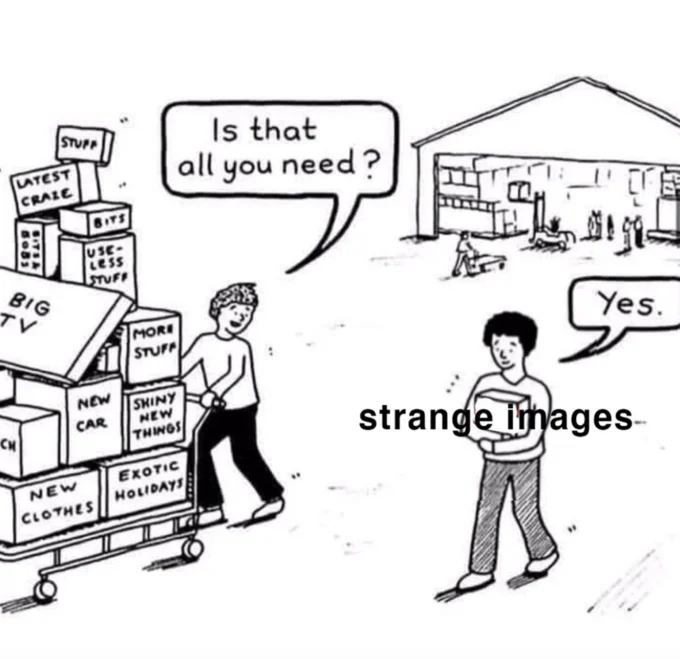 Is That All You Need? — Edited version of the 'Is That All You Need' cartoon with the Love box relabeled 'strange images'