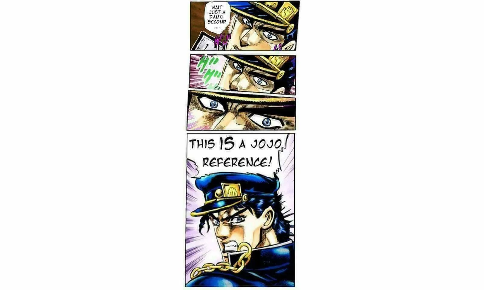 Is That a Jojo Reference — Vertical manga panel strip from JoJo's with dramatic close-ups and 'THIS IS A JOJO REFERENCE!' text.